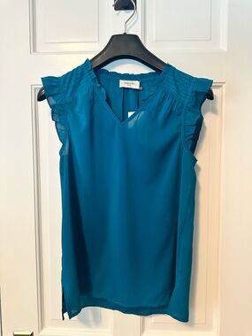 Sojourn x Short Story Petite Teal V-Neck Sleeveless Blouse with Ruffles NWT XXSP
